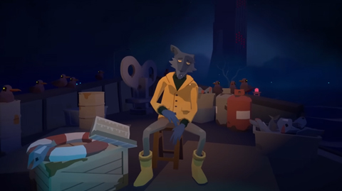 A screenshot of a man-cat on a boat from the game Before Your Eyes